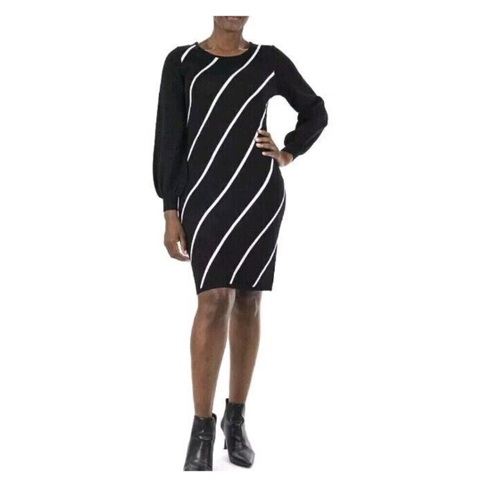 Nina Leonard Sweater Dress Size XL Black With White Stripes Stretch.